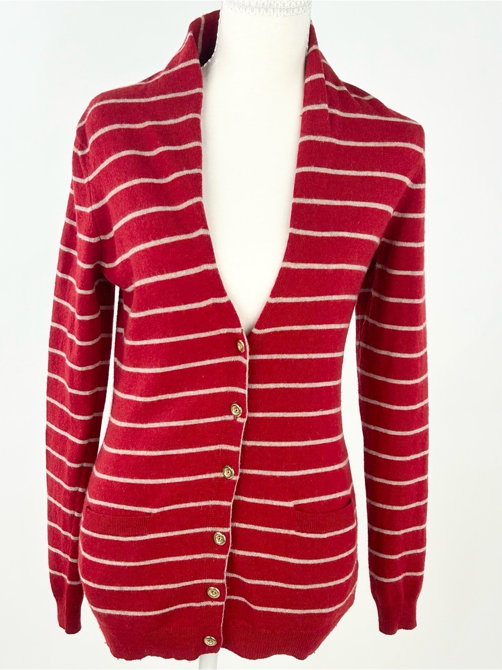 Banana Republic Italian Wool Cashmere Cardigan Saucy Red Striped XS